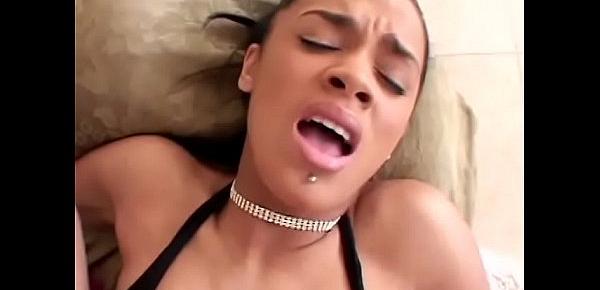  Screaming young black bitch Adicktion rides on hard black cock on the sofa